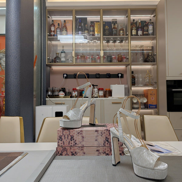 Jimmy 25 Platform Sandal Heels Silver Satin Fabric 240016