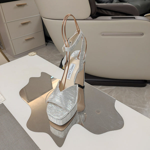 Jimmy 25 Platform Sandal Heels Silver Satin Fabric 240016