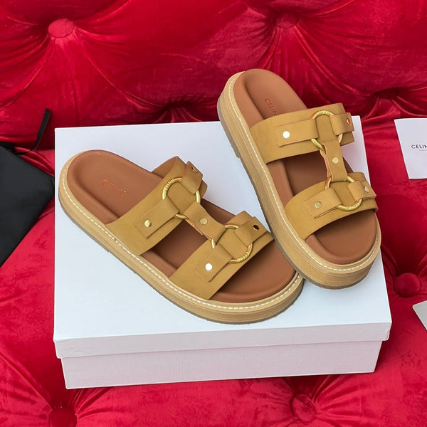 Sandalo piatto in tela marrone bronzo