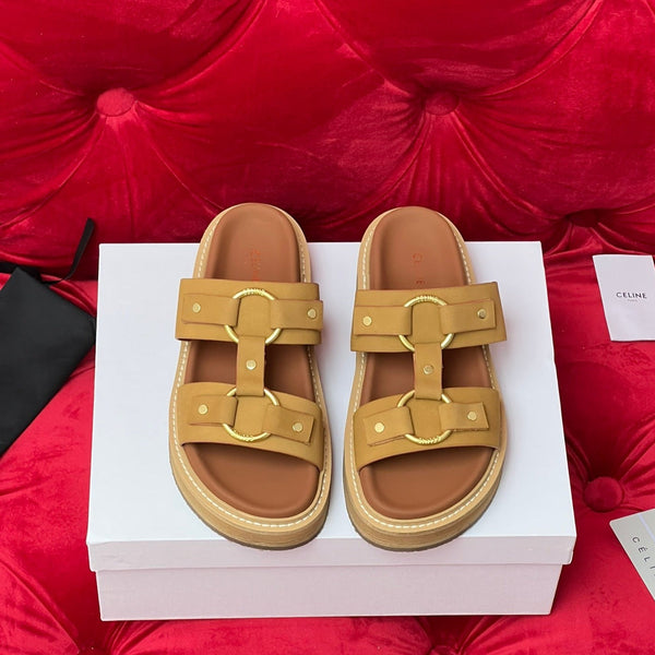 Sandalo piatto in tela marrone bronzo