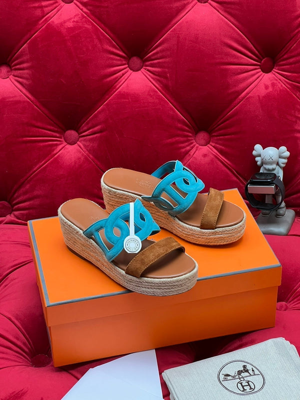 HM Lthea Espadrille Brown Mix Blue Suede And Jute Rope 969490