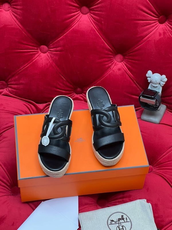 HM Lthea Espadrille Black Calfskin And Jute Rope 969498