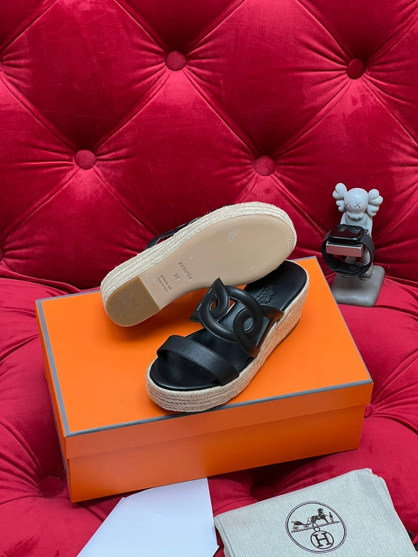 HM Lthea Espadrille Black Calfskin And Jute Rope 969498