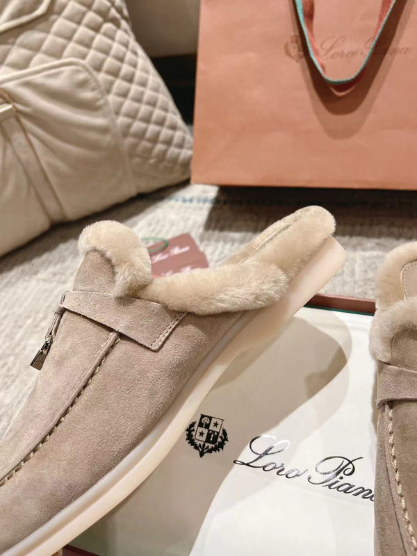 LP Charms Walk Babouche Loafer Sand Brown Suede With Rabbit Fur Lining 206226