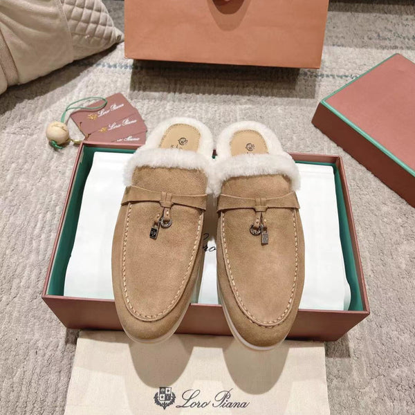 Mocassino LP Charms Walk Babouche in pelle scamosciata giallo pesca con fodera in pelliccia di coniglio 206244