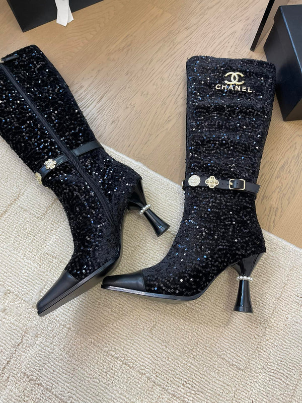 KNEE HIGH BOOTS IN BLACK CALFSKIN AND SEQUINS