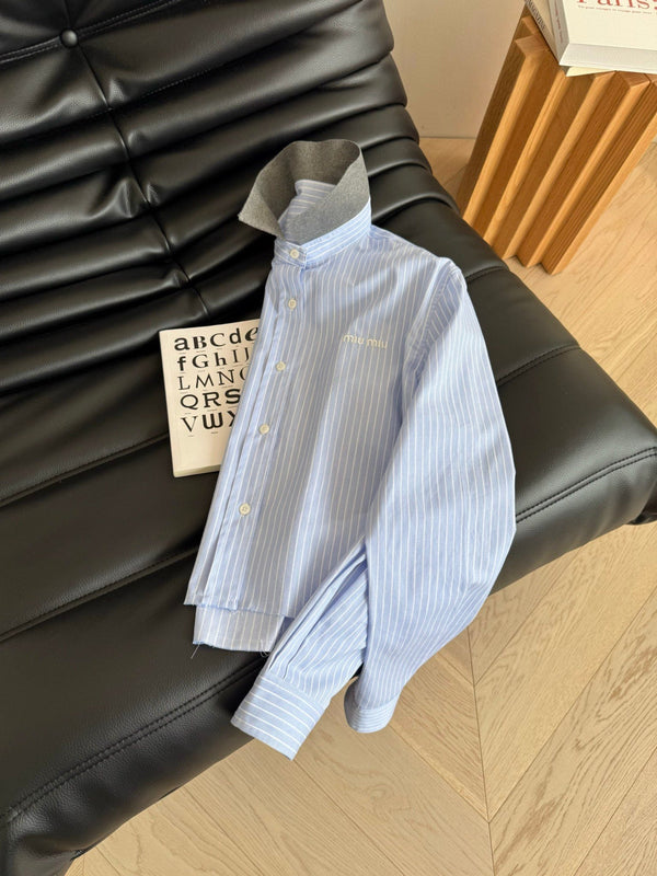 Miu Miu 25 Knitted Collar Patchwork Striped Shirt Blue Gray Cotton