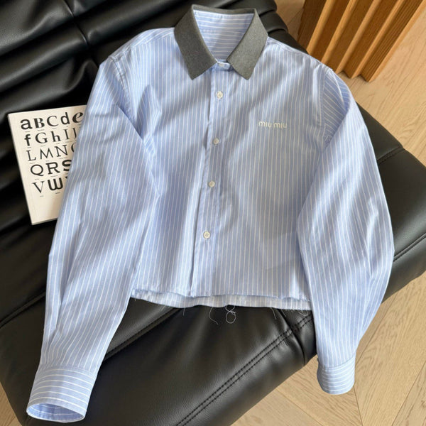 Miu Miu 25 Knitted Collar Patchwork Striped Shirt Blue Gray Cotton