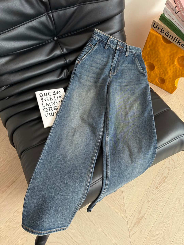 Celine 25 Pattern Embroidered Straight Jeans Blue Cotton