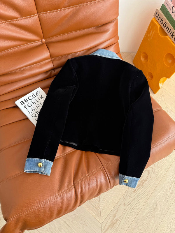 Celine 25 Denim Patchwork Velvet Jacket Black Blue