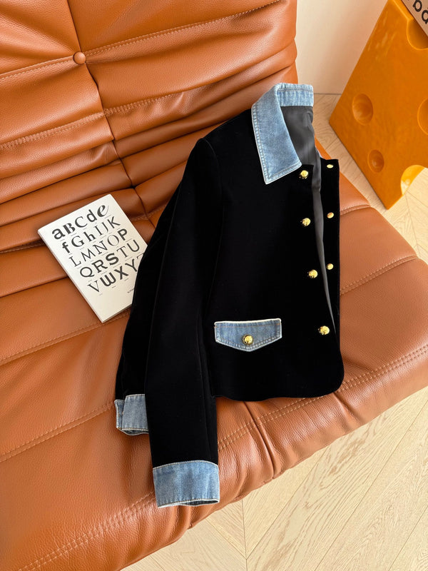 Celine 25 Denim Patchwork Velvet Jacket Black Blue
