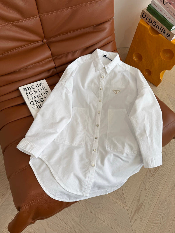 Prada 25 Long Sleeve Shirt With Triangle Logo White Cotton