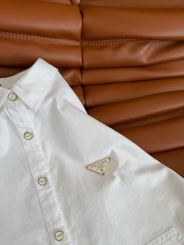 Prada 25 Long Sleeve Shirt With Triangle Logo White Cotton