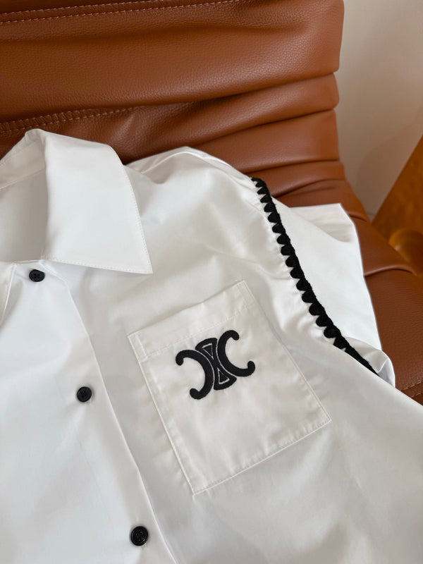 Celine 25 Embroidery Lace Shirt White mix Black Cotton