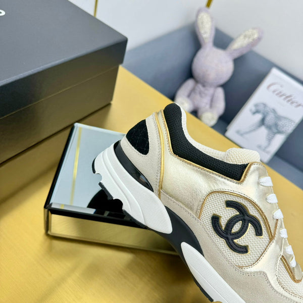 cc womens sneaker in light gold wool tweed gold calfskin and beige suede calfskin 137569