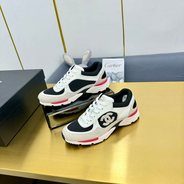 cc womens sneaker in black wool tweed and white beige suede calfskin 137573