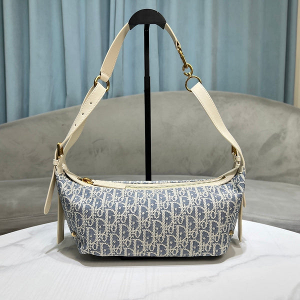 CD Jacquard Hobo Bag 26 With Chain Blue White Canvas