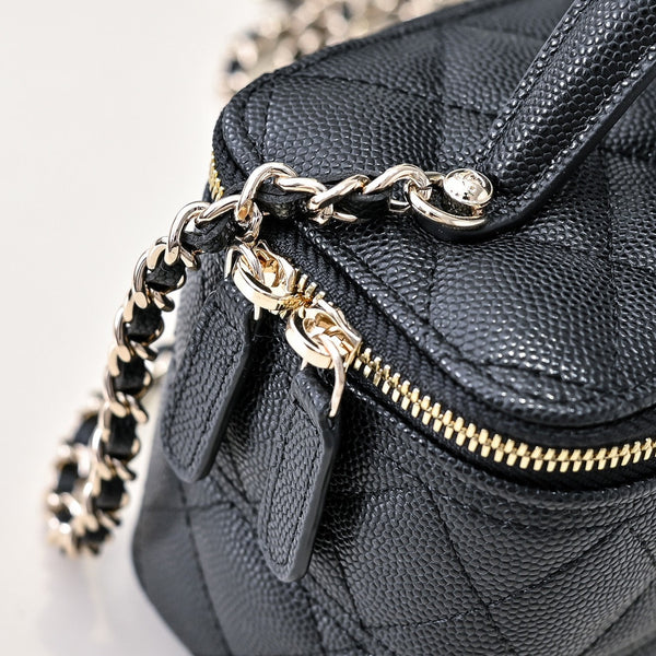 CC 25C Vanity Top Handle 17cm Black Grained Calfskin Light Gold Hardware