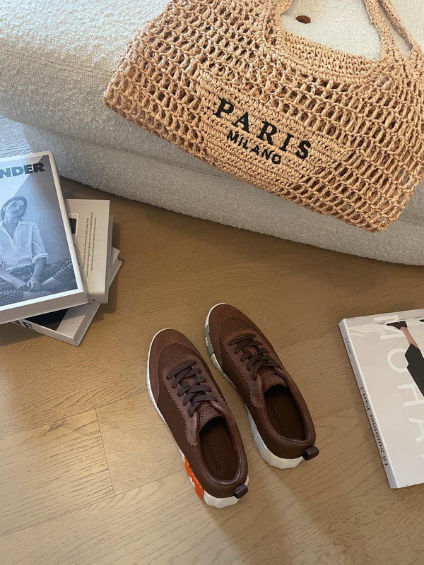 Sneakers HM Bouncing 35 in tela color cioccolato e pelle scamosciata di capra H arancione