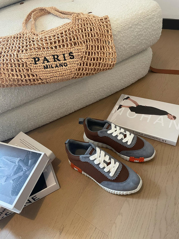 Sneakers HM Bouncing 35 in tela color cioccolato, scamosciato grigio, pelle di capra, arancione H