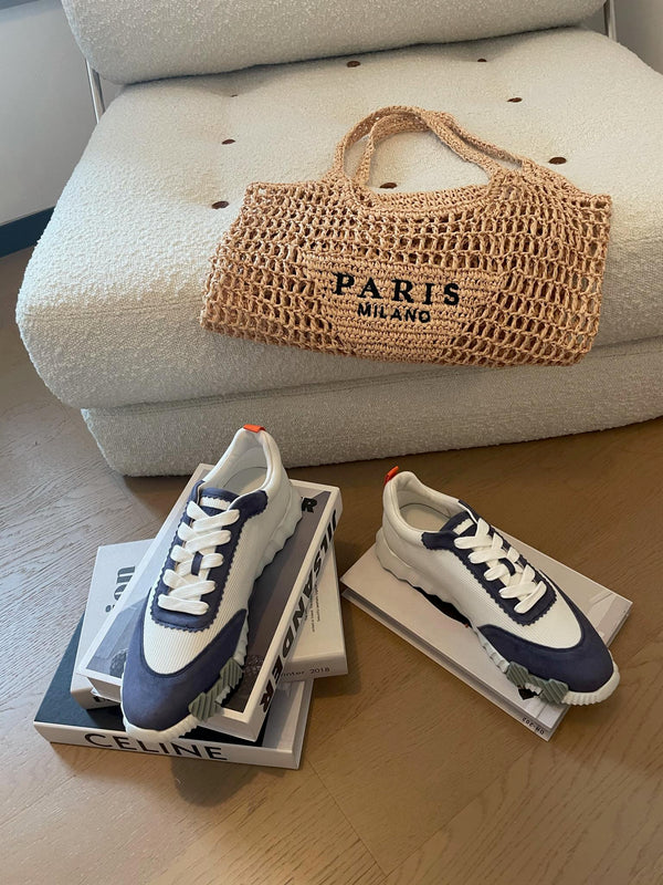 Sneakers HM Bouncing 35 in tela bianca, pelle scamosciata blu, pelle di capra arancione H Seafoam