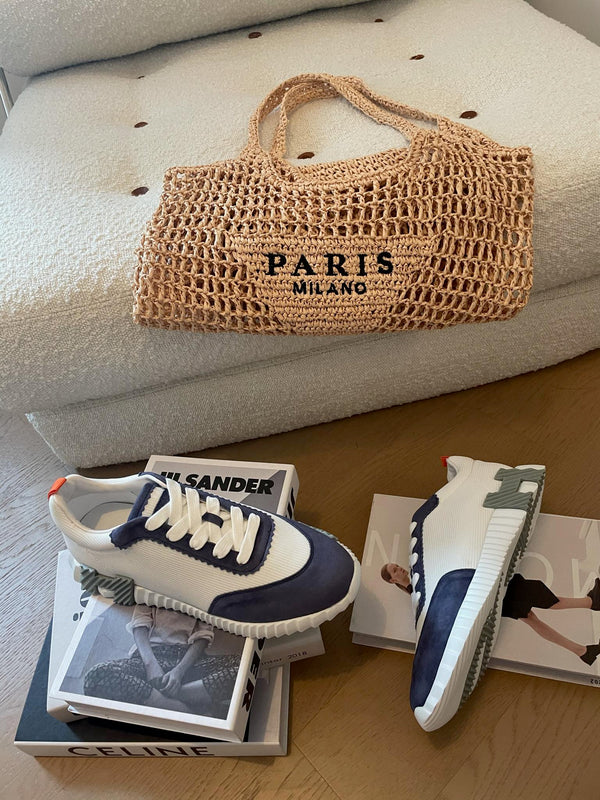 Sneakers HM Bouncing 35 in tela bianca, pelle scamosciata blu, pelle di capra arancione H Seafoam