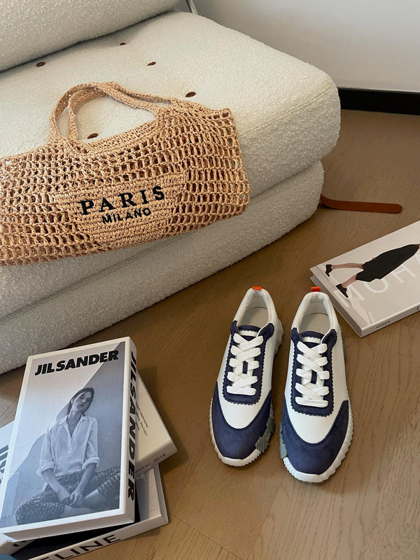 Sneakers HM Bouncing 35 in tela bianca, pelle scamosciata blu, pelle di capra arancione H Seafoam