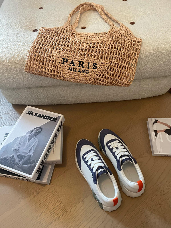 Sneakers HM Bouncing 35 in tela bianca, pelle scamosciata blu, pelle di capra arancione H Seafoam