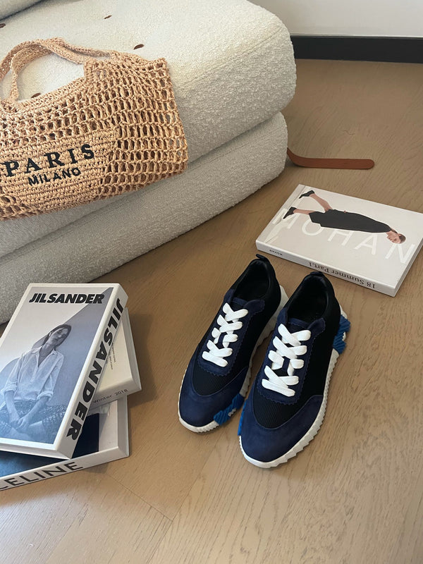 Sneakers HM Bouncing 35 in tela nera, camoscio blu mirtillo, pelle di capra H blu