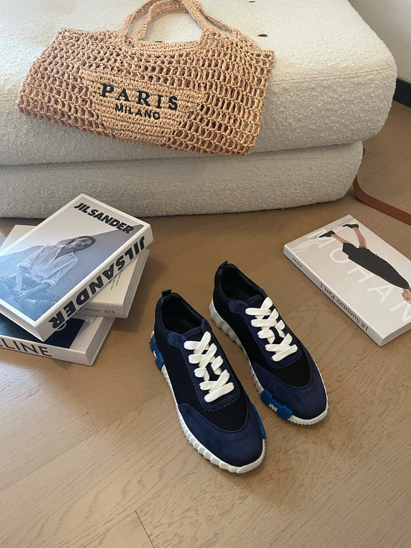 Sneakers HM Bouncing 35 in tela nera, camoscio blu mirtillo, pelle di capra H blu