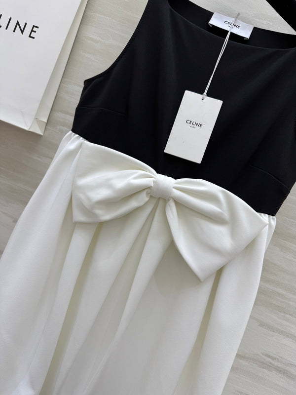 Celine 25 Bow Dress Black mix White Silk