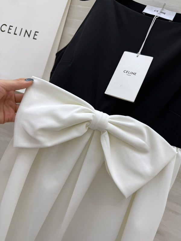 Celine 25 Bow Dress Black mix White Silk