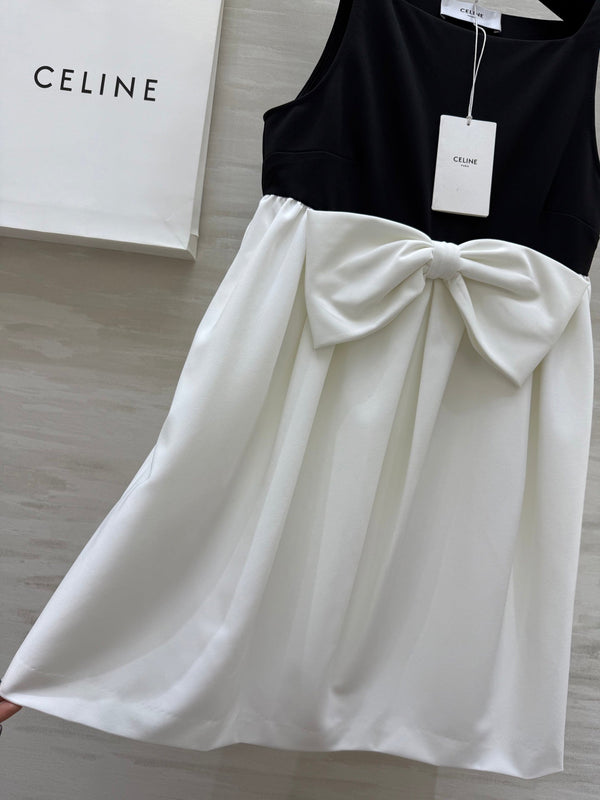 Celine 25 Bow Dress Black mix White Silk