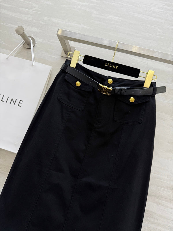 Celine 25 Denim Skirt with Logo Belt Black Cotton