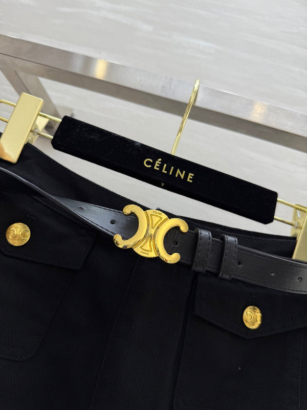 Celine 25 Denim Skirt with Logo Belt Black Cotton