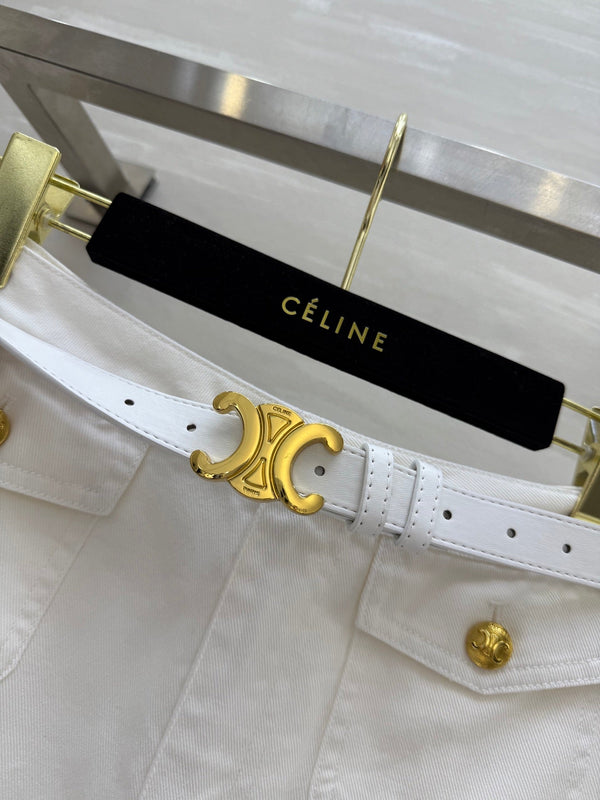 Celine 25 Denim Skirt with Logo Belt White Cotton
