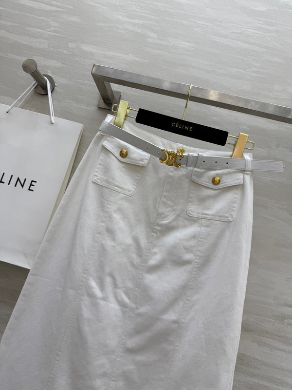 Celine 25 Denim Skirt with Logo Belt White Cotton