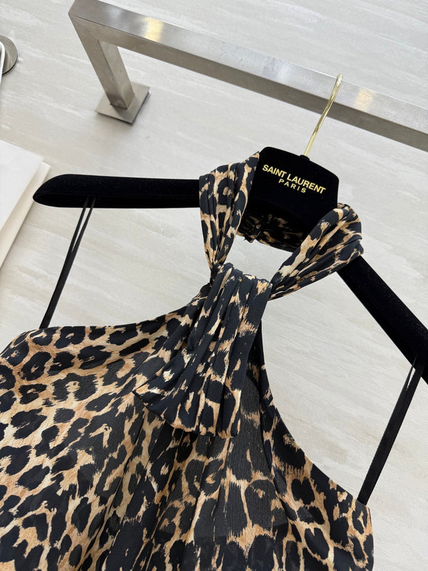 YSL 25 Gilet con bretelle e scollo all'americana in seta leopardata