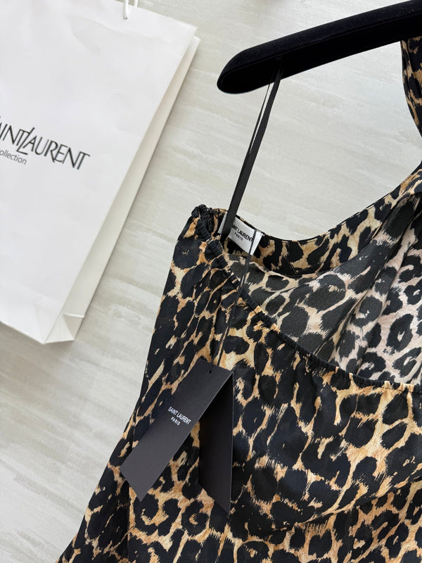 YSL 25 Gilet con bretelle e scollo all'americana in seta leopardata