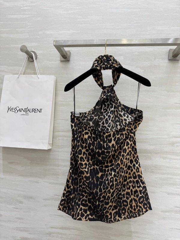 YSL 25 Gilet con bretelle e scollo all'americana in seta leopardata