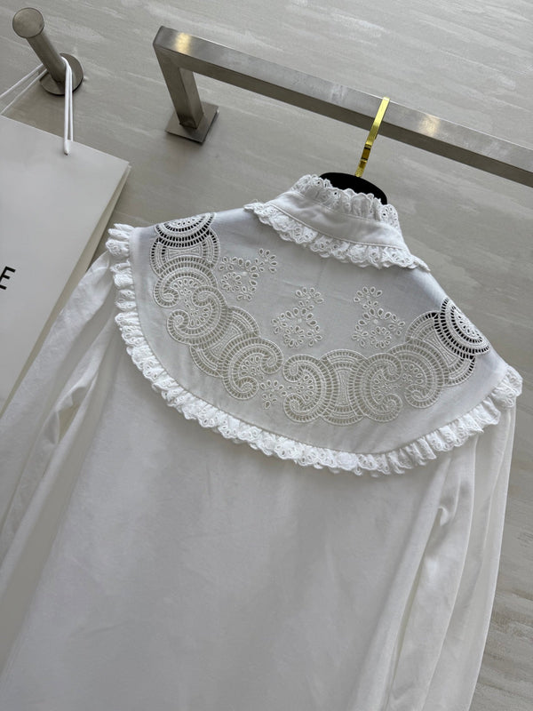 Celine 25 Long sleeve embroidered shirt dress White Cotton