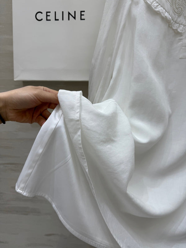 Celine 25 Long sleeve embroidered shirt dress White Cotton