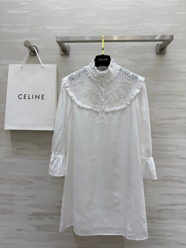 Celine 25 Long sleeve embroidered shirt dress White Cotton