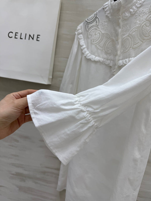 Celine 25 Long sleeve embroidered shirt dress White Cotton