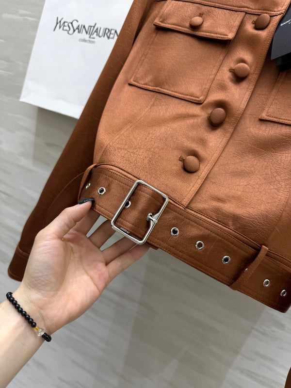 YSL 25 Cracked Pleated Jacket Brown Acetate