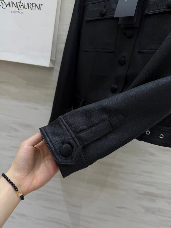 YSL 25 Cracked Pleated Jacket Black Acetate