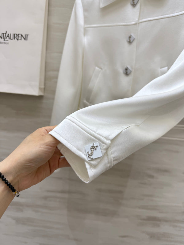 YSL 25 Short Jacket White Acetic Acid Cracked Fabric