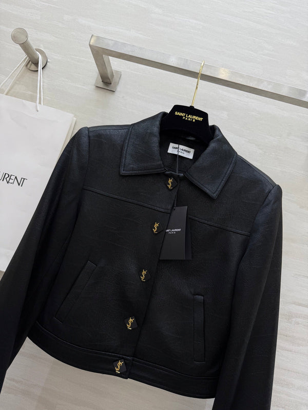 YSL 25 Short Jacket Black Acetic Acid Cracked Fabric