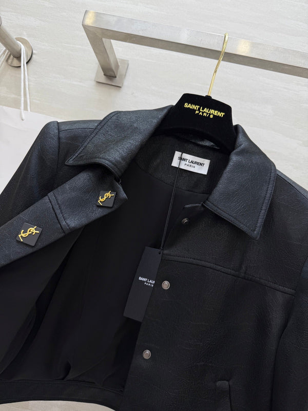 YSL 25 Short Jacket Black Acetic Acid Cracked Fabric