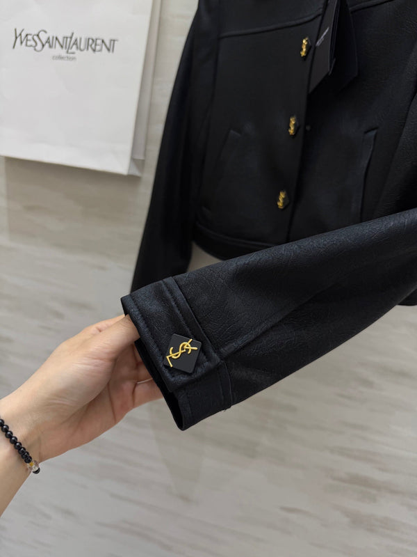 YSL 25 Short Jacket Black Acetic Acid Cracked Fabric
